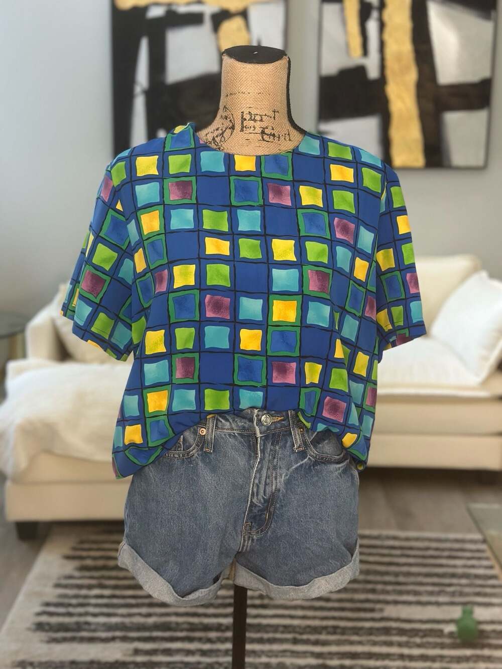 Notations Vintage Geometric Print Short Sleeve Blouse Size Large